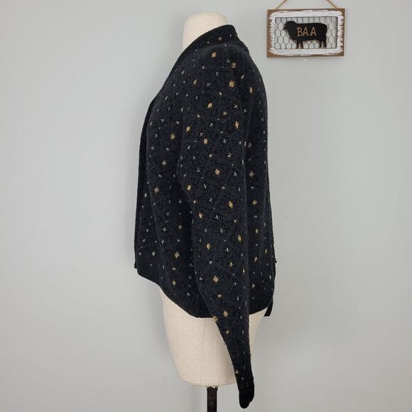 Vtg Express Tricot Wool Blend Sparkle Cardigan Sz M Soft Plush Black Gold Italy - Picture 4 of 8